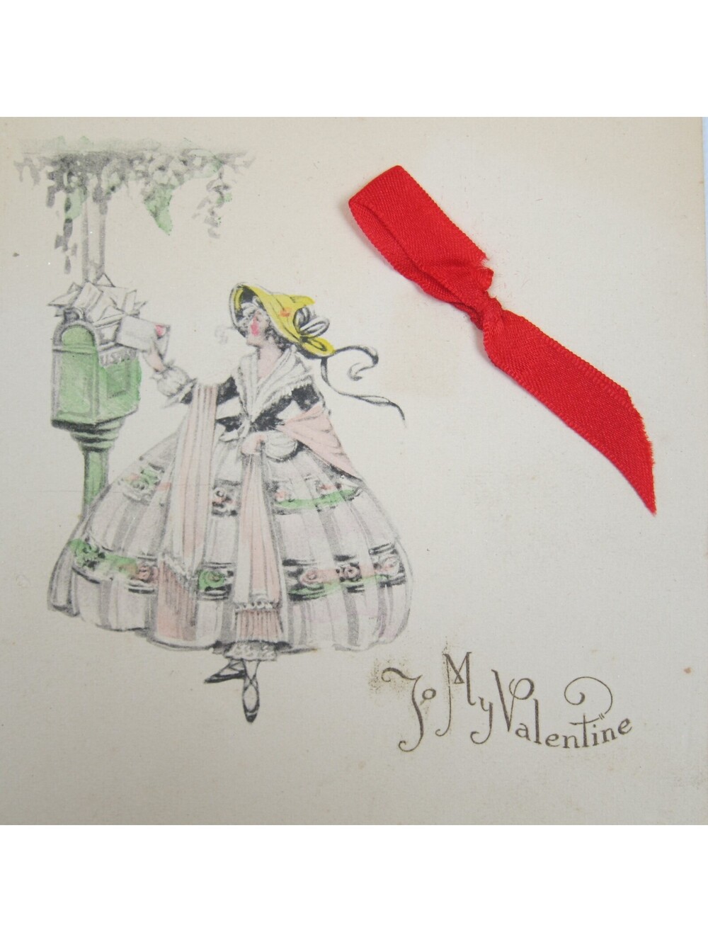 Valentine Card Lady 1850s Dress & Hat Antique Mailbox Die cut Bifold Red Ribbon